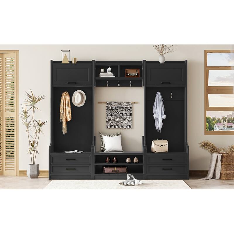 4-in-1 Detachable Hall Tree with Storage Cabinets and Hooks, Multifunctional Hallway Coat Rack with Drawers and Shoe Bench