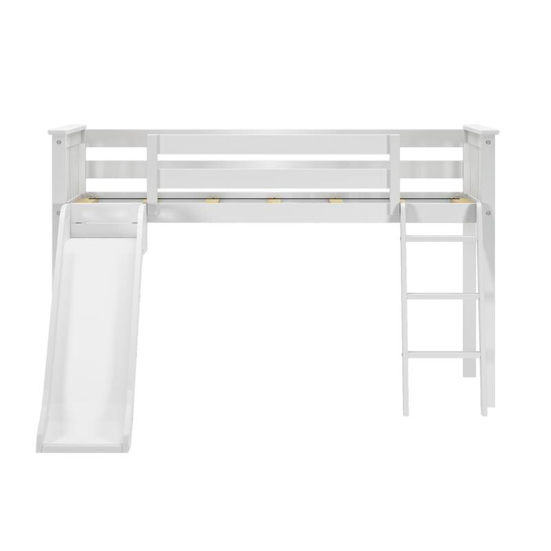 Twin Low Loft Bed with Slide & Black & White Farmhouse Curtain