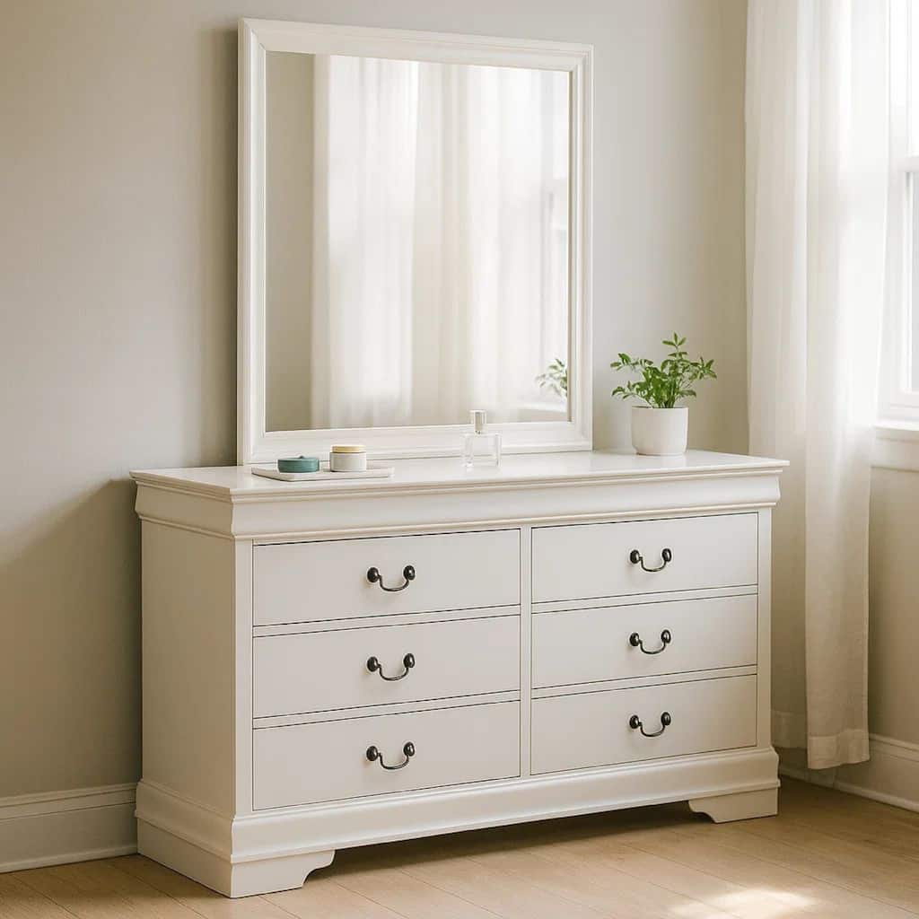 Nim Wide Dresser and Mirror with Molded Trim, 6 Drawers, White Wood