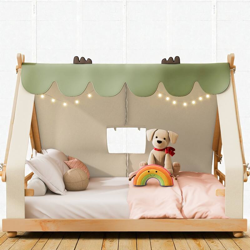 Twin/Full House Bed with Detachable Tent and Skylight, Kids Cabin Bed with Canopy, Light, and Forest-Themed Accents