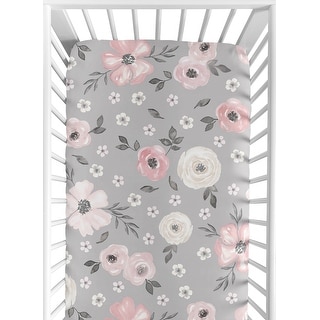 Grey Watercolor Floral Collection Girl Fitted Crib Sheet - Blush Pink Gray and White Shabby Chic Rose Flower Farmhouse
