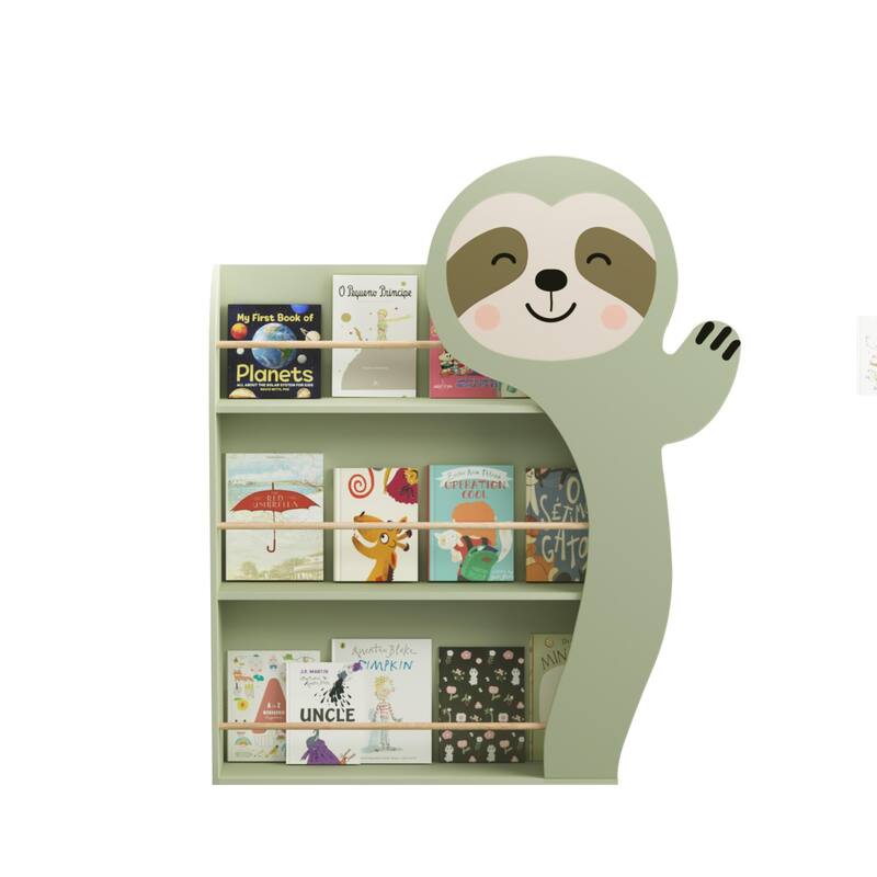 AnmytekSloth Kids Bookshelf, Front-Facing Toddler Book Display Rack with 3 Tiers, Cute Animal Design, Wooden Nursery Bookshelf