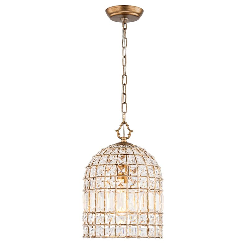 Vintage Glam Crystal Bird Cage Lantern Chandelier - Distressed Brass