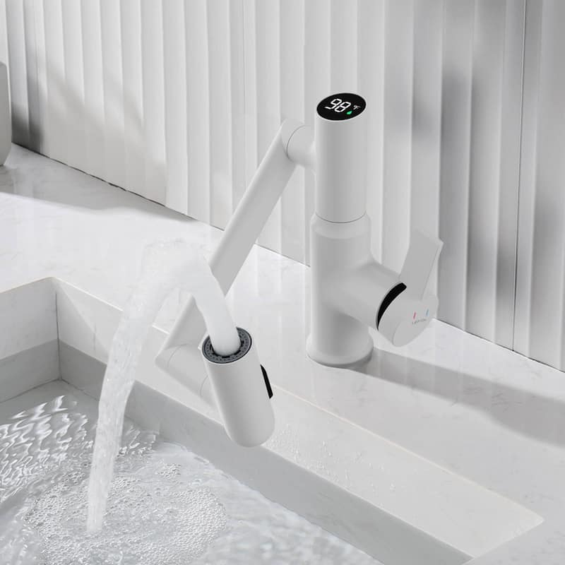 Lefton Rotatable Bathroom Faucet with Temperature Display in Fahrenheit (Batteries-Free), BF2204 - Matte White