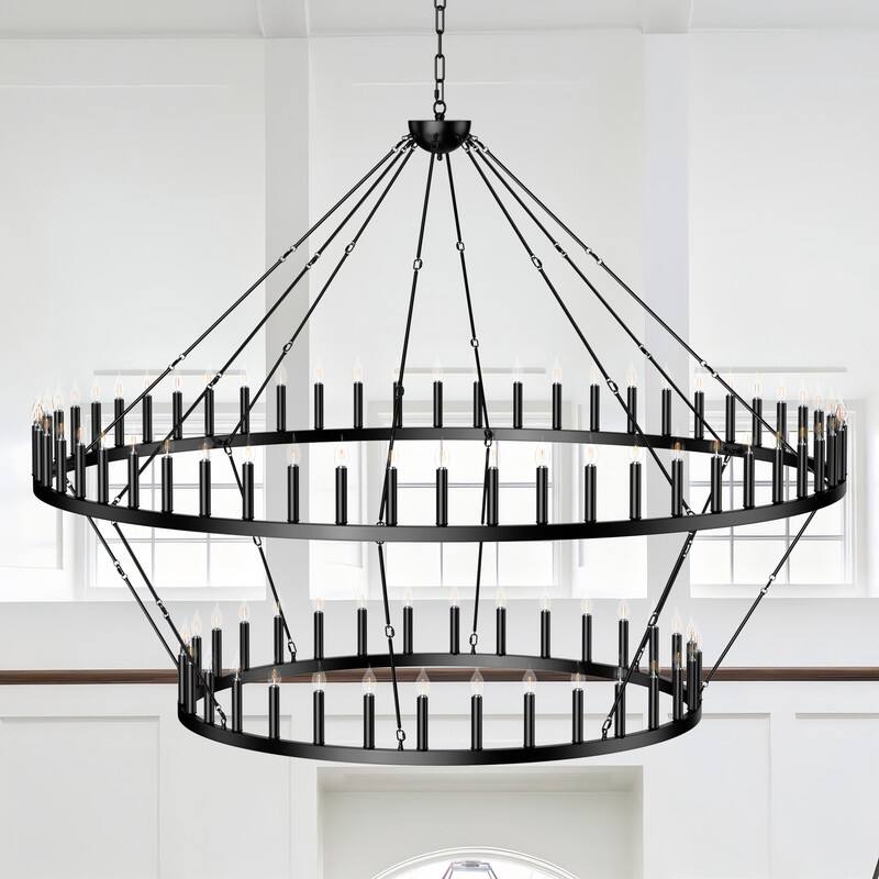 Extra Large Black Wagon Wheel Chandelier - Adjustable Farmhouse Lighting for High Ceilings - 88 Light
