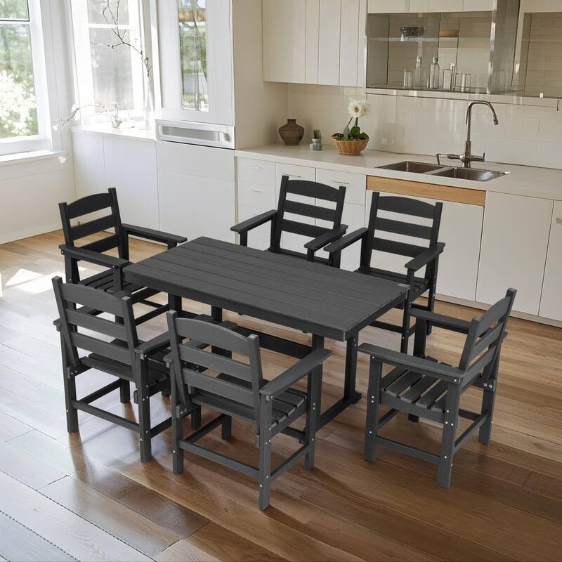 7-Piece Black HDPE Outdoor Dining Set for 6, Weather-Resistant Patio Table and Chairs for Garden, Backyard, Lawn, and Poolside