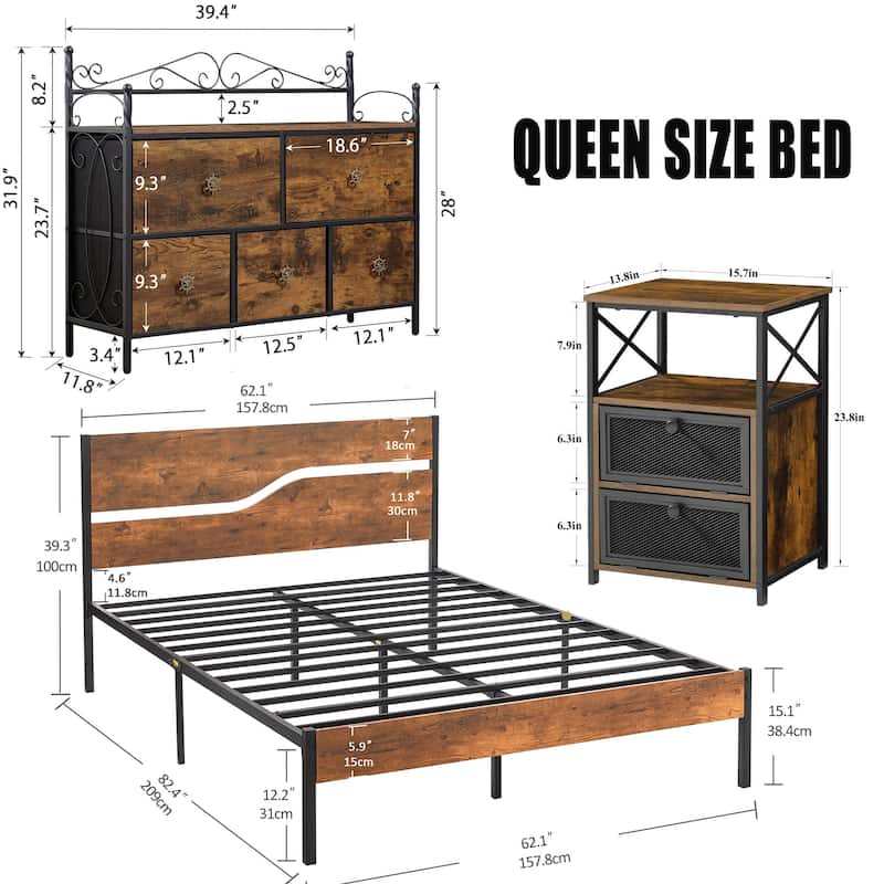 4-Pieces Bedroom Set with Drawer and Nightstands Set of 2, 5-Drawer Dresser, Brown/Grey Set