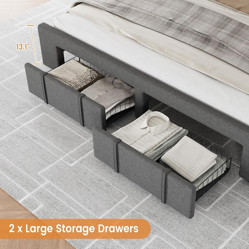 Upholstered Platform Bed Frame with Storage Drawers, Solid Wood Slats, No Box Spring Needed
