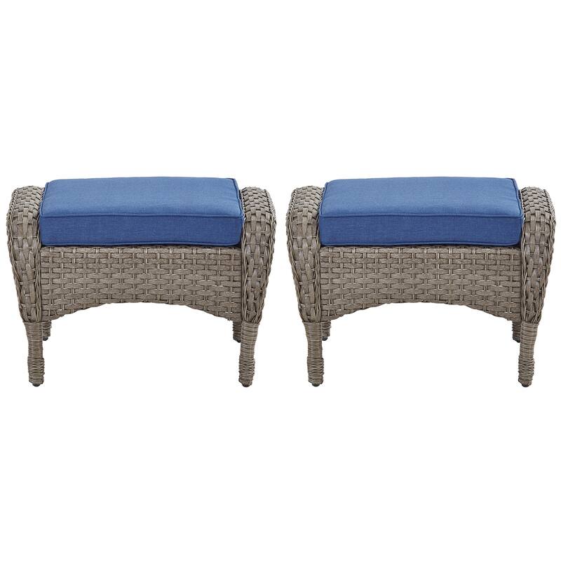Outside Patio Wicker Ottomans Set Grey - Blue