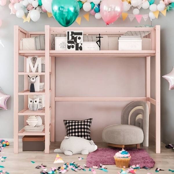 slide 2 of 10, Twin Size Metal Loft Bed with 4-Tier Shelves and Storage,Metal Loft Bed With Storage Space,Modern Style,Pink Pink