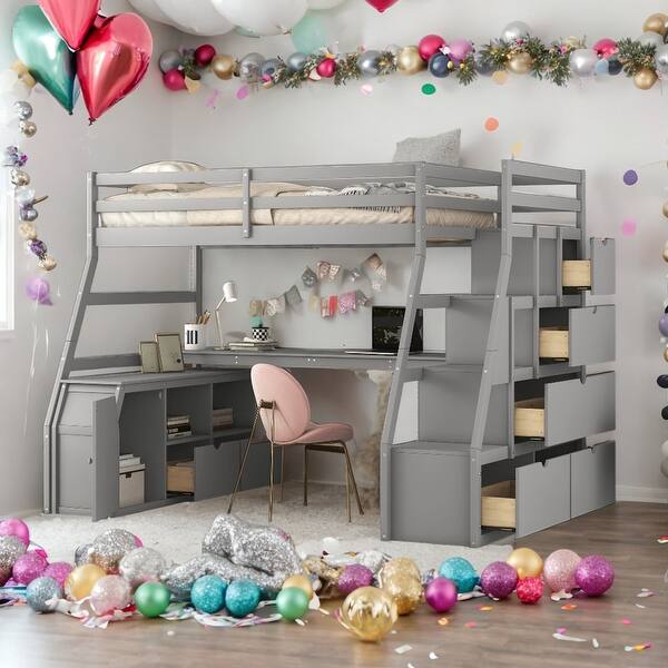slide 2 of 13, Twin Size Loft Bed With 7 Drawers,2 Shelves and Desk for Home
