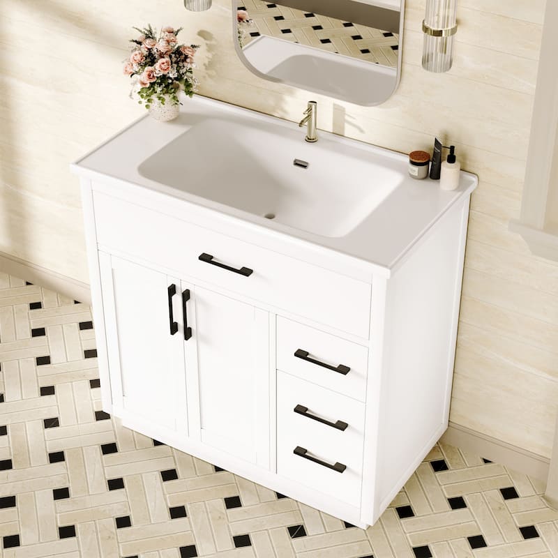 36" Free-Standing Bathroom Vanity with Marble Countertop-Soft-Close Drawers & Cabinet