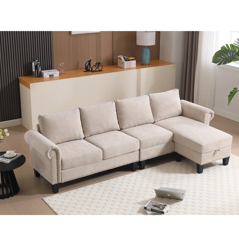 106" Modern L Shape Convertible Linen Sectional Sofa with Storage for Living Room
