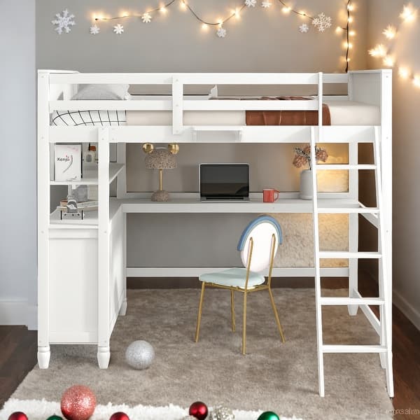 slide 2 of 9, Modern Full size Loft Bed With Drawers and Desk,Shelves,Solid Construction for Bedroom White