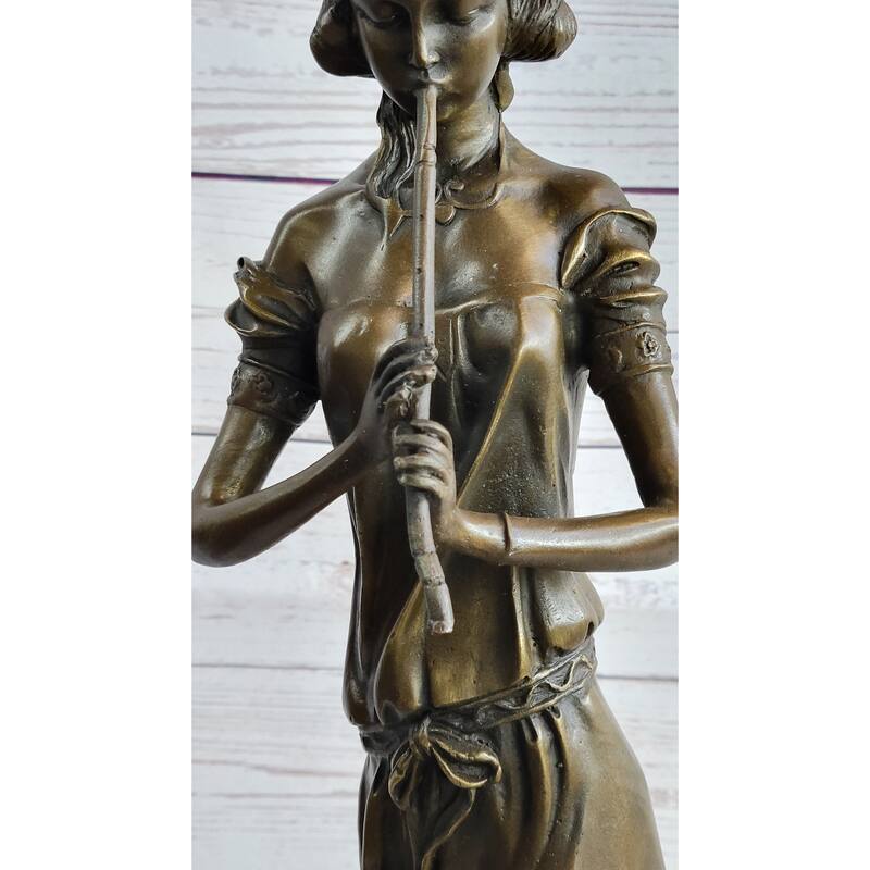 Girl Playing The Flute Female Musician Bronze Sculpture Statue Figure On Marble Base