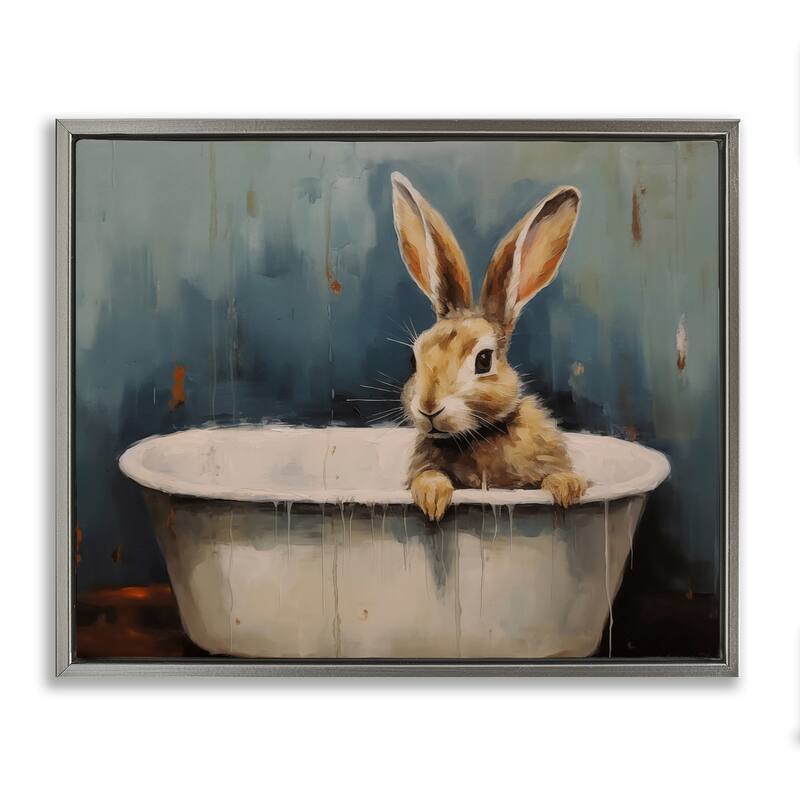 Stupell Baby Bunny in Tub Framed Floater Canvas Wall Art Design By Arlington Prints - 31 x 25 - Grey