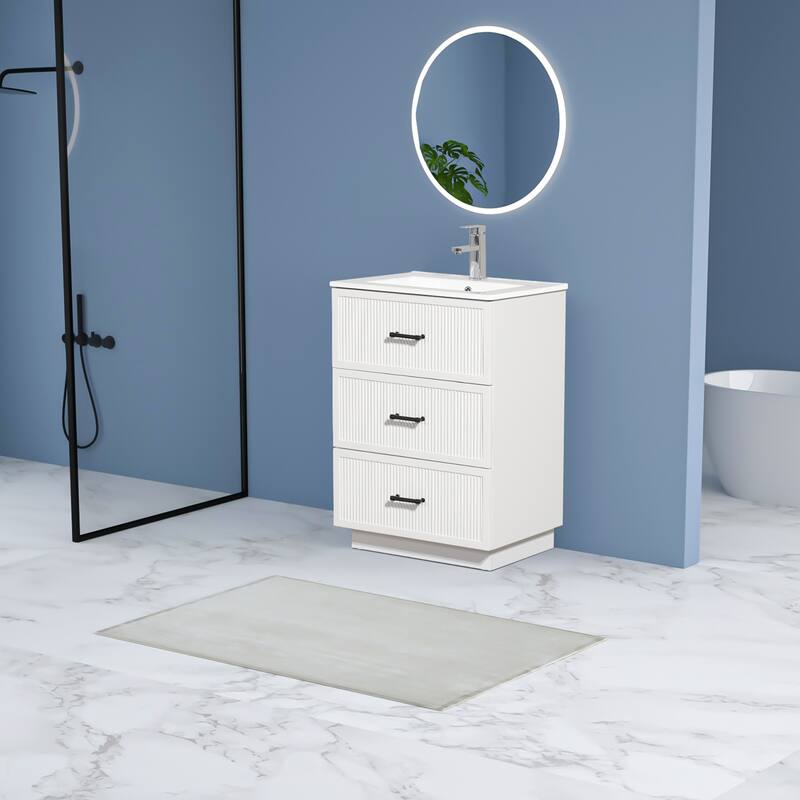 30" Freestanding Bathroom Vanity with Ceramic Sink and 2 Storage Drawers, Stylish Gray Floor Cabinet