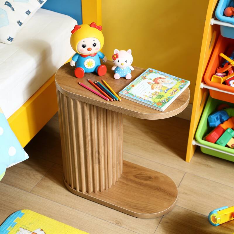 Fluted C-Shaped End Table, Modern Narrow Side Table with Oval Top