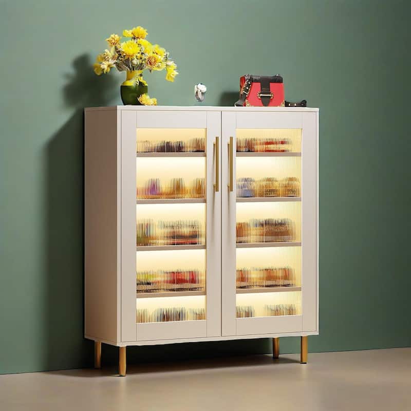 White LED Shoe Cabinet with Acrylic Doors Remote Control Lighting and 5 Tier Storage for 16 to 22 Pairs