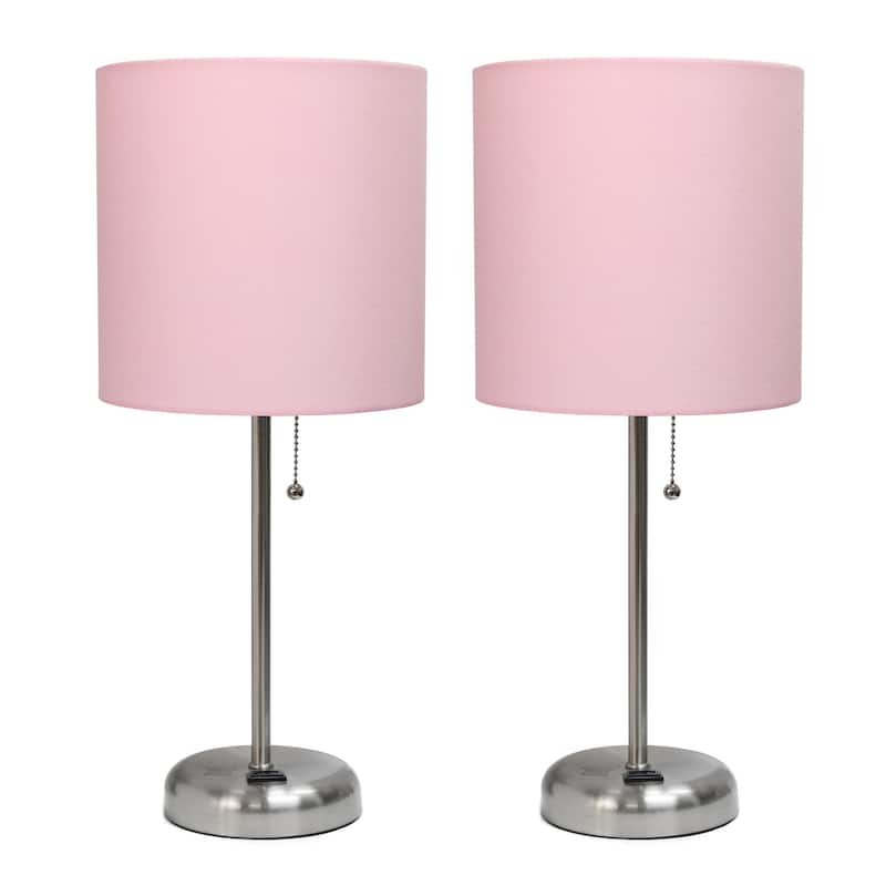 Simple Designs 19.5" 2 Pack Table Desk Lamp Set with Charging Outlet - 19.50 - Brushed Steel/Light Pink Shade