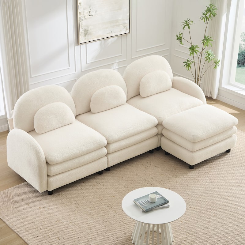 98.2" Teddy Fabric Sectional Sofa with Curved Pillows and Ottoman