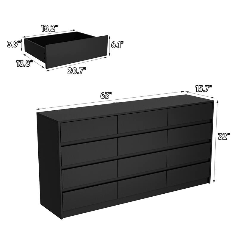 63" Chest of Drawers White Dresser No Handle, Modern 12 Drawer Dresser