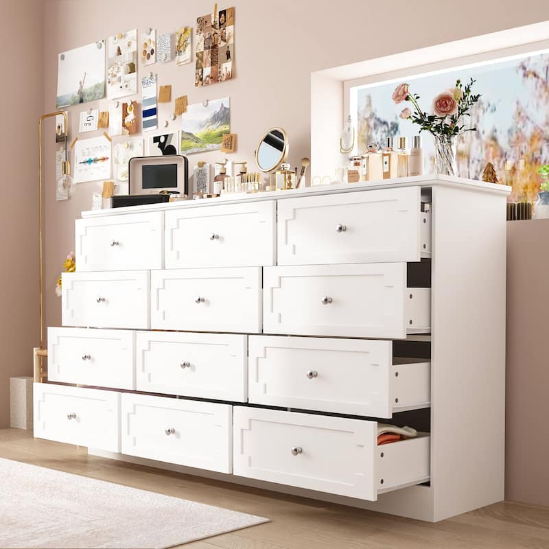 Modern 12-Drawer White Wooden Dresser for Bedroom and Living Room Storage - White