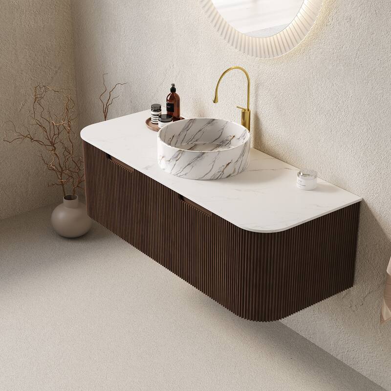 GDFStudio - Dina Modern 48" Floating Bathroom Vanity with Striped Curved Drawers & White Round Ceramic Basin, WITHOUT Faucet