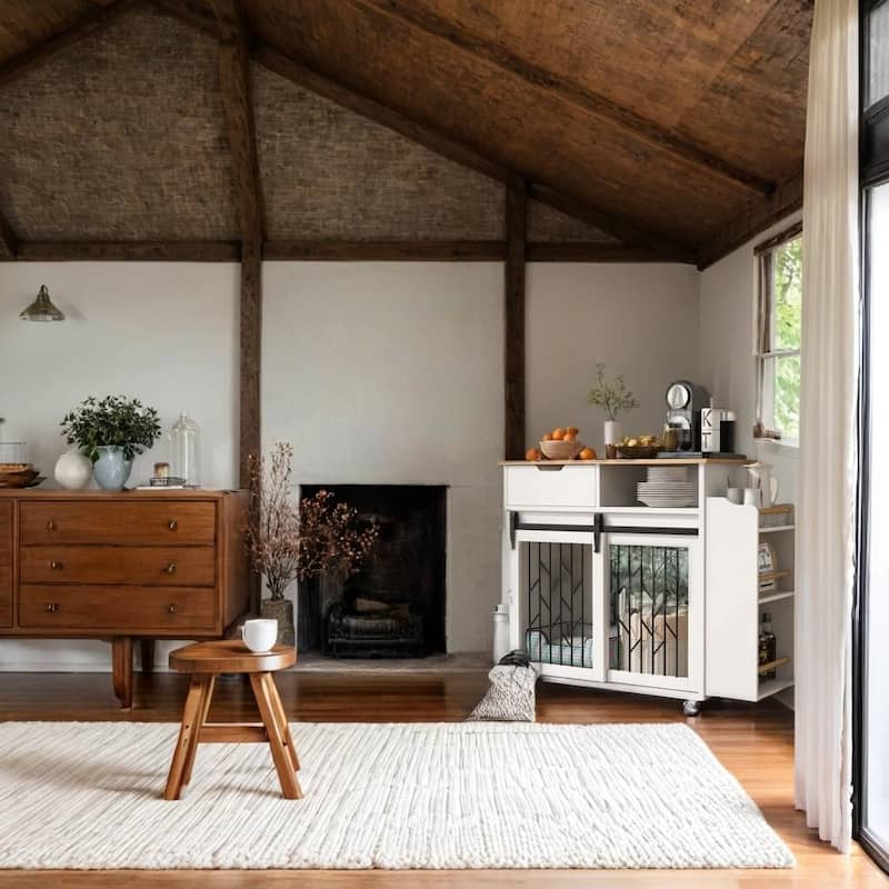 Farmhouse Dog Crate Kitchen Island with Drop Leaf, Pet-Friendly End Table Mobile Kitchen Cart with Storage