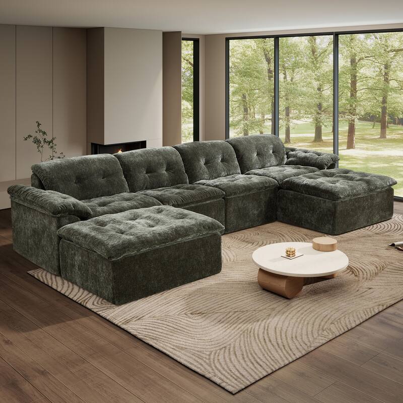 Rossetta 4-Seater Chenille Upholstery Modular Convertible Design Generous Seating Cushioned Sofa with 2 Versatile Ottomans - Emerald