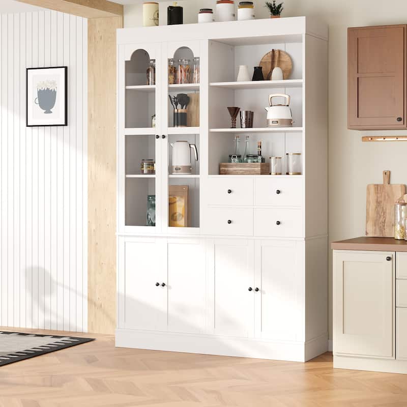 47.2x15.7x75inch Freestanding Buffet with Hutch, Tall Kitchen Pantry Cabinet with 4 Drawers, Door Shelves and Pull-out Trays