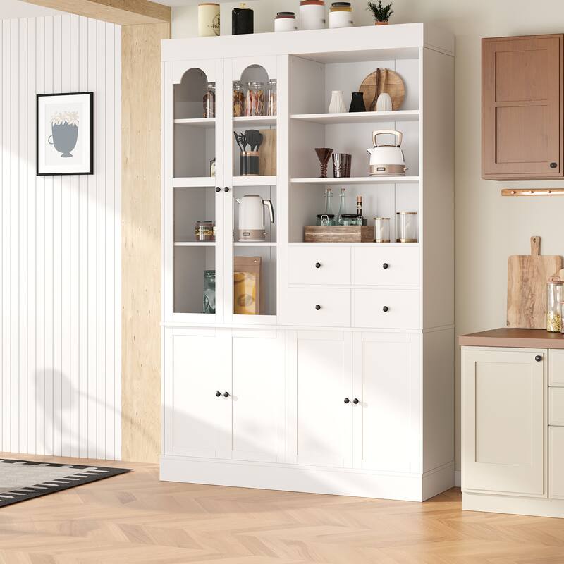 75" Freestanding Buffet with Hutch, Kitchen Pantry Cabinet with 4 Drawers, Door Shelves & Pull-Out Trays, Wood Storage Cupboard