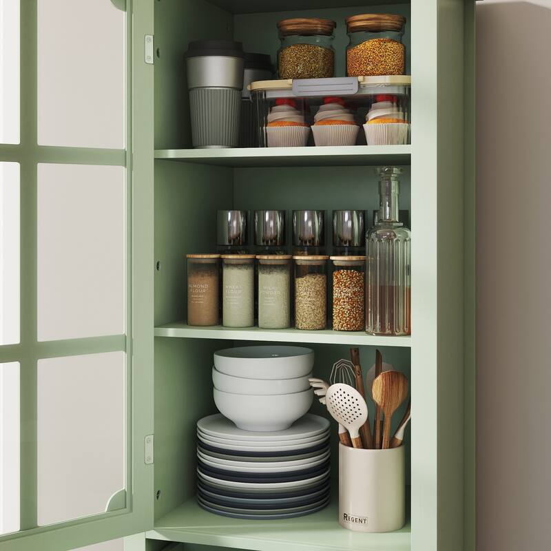 Buffet Cabinet with Glass Doors and Double Drawer, Modern Wooden Storage Sideboard Cupboard for Living room