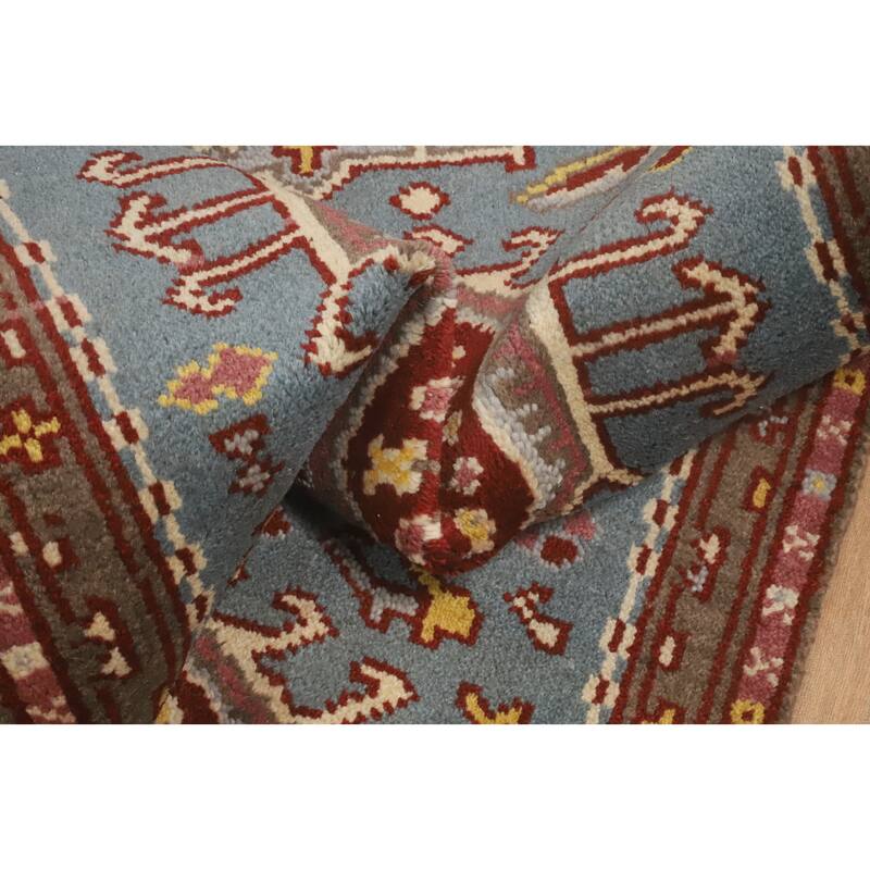 Hand-knotted Traditional Wool Blue Geometric Oriental Area Rug - 9' 8'' X 2' 6''