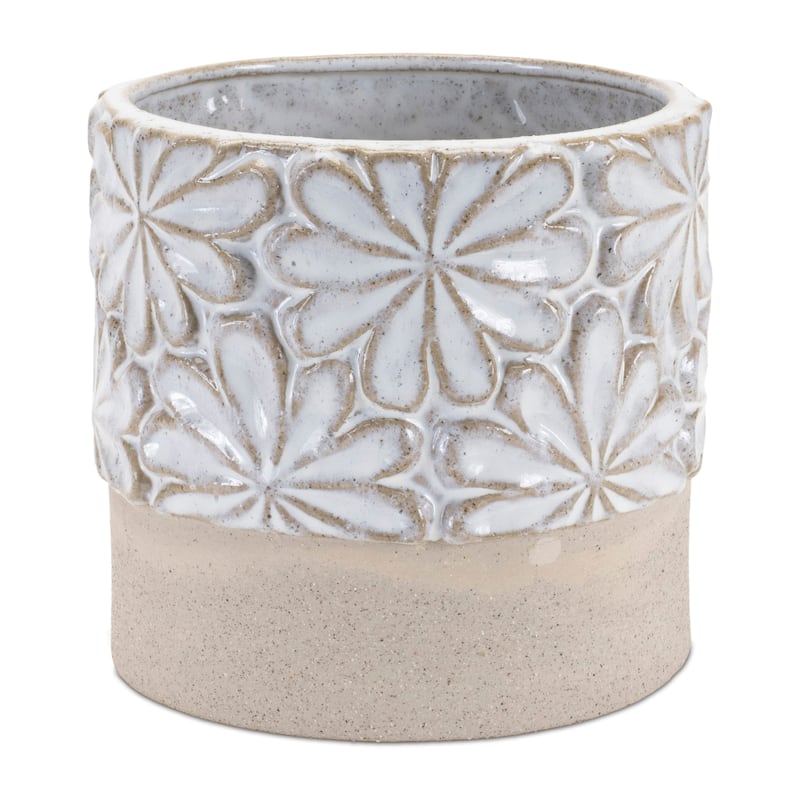 Ceramic Floral Planters - 6" - Gray and Beige - Set of 2