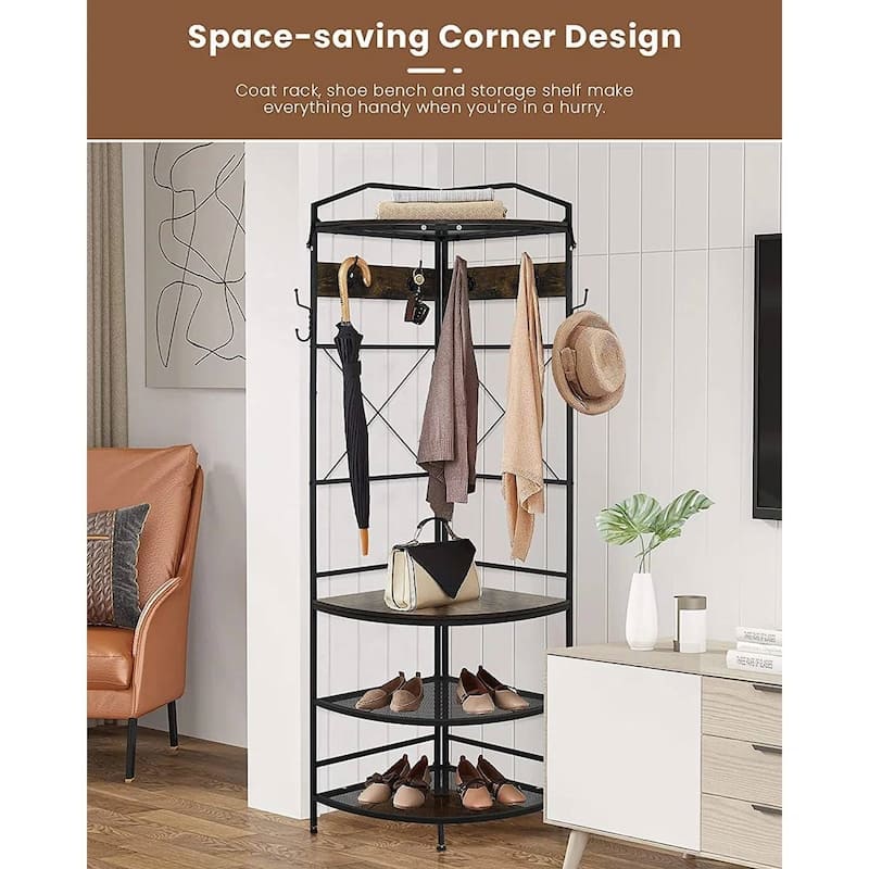 Brown-Black Steel Wood Corner Hall Tree with Shoe Storage Bench, Hooks and Shelves - 19.68'' W X 19.68'' D X 72” H