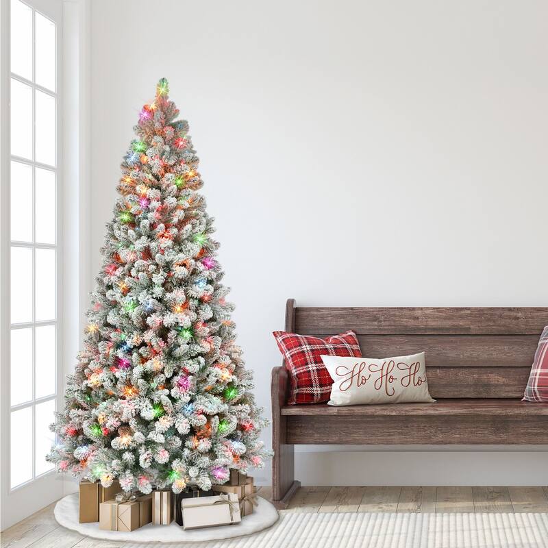 6.5' Flocked Virginia Pine Artificial Christmas Tree Multicolor Lights - 6.5 Foot