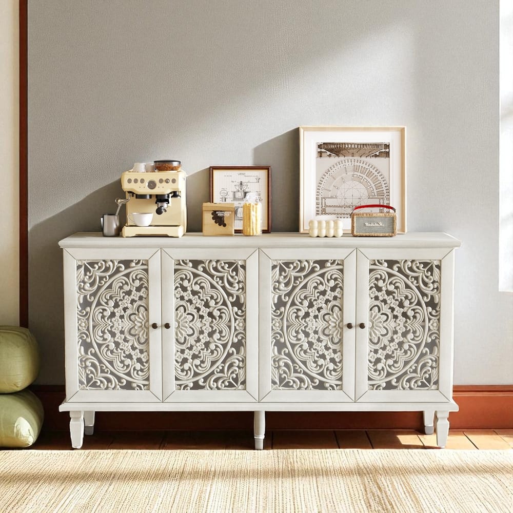 60" Antique Buffet Sideboard with Floral Carvings, Solid Wood Legs, Brass Handles & Adjustable Shelves, TV Stand up to 65"