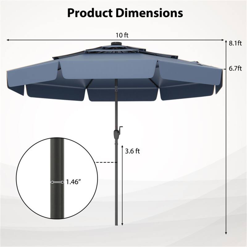 Outdoor 10 ft Umbrella with 3-Tier Venting Solar LED Lights Tilt and Crank for Poolside or Garden