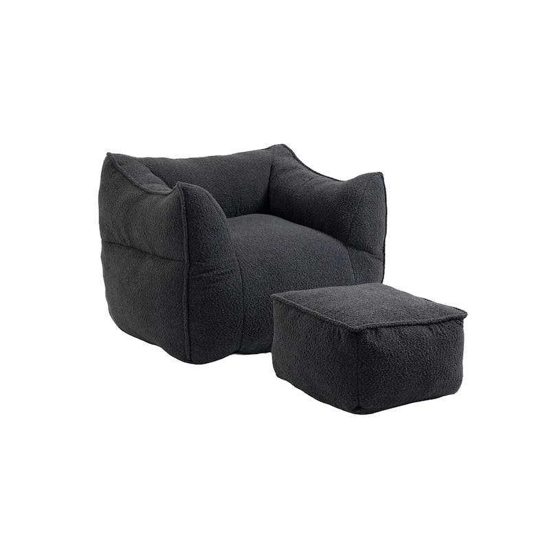 Boucle Upholstered Deep Seat Armless Square Bean Bag Chair with Ottoman