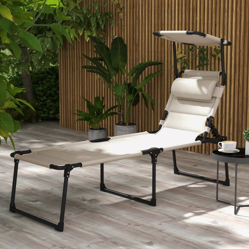 Outdoor Folding Chaise Lounge Chair with Adjustable Canopy, 4-Position Backrest, Padded Seat and Pillow for Beach Patio - Cream White