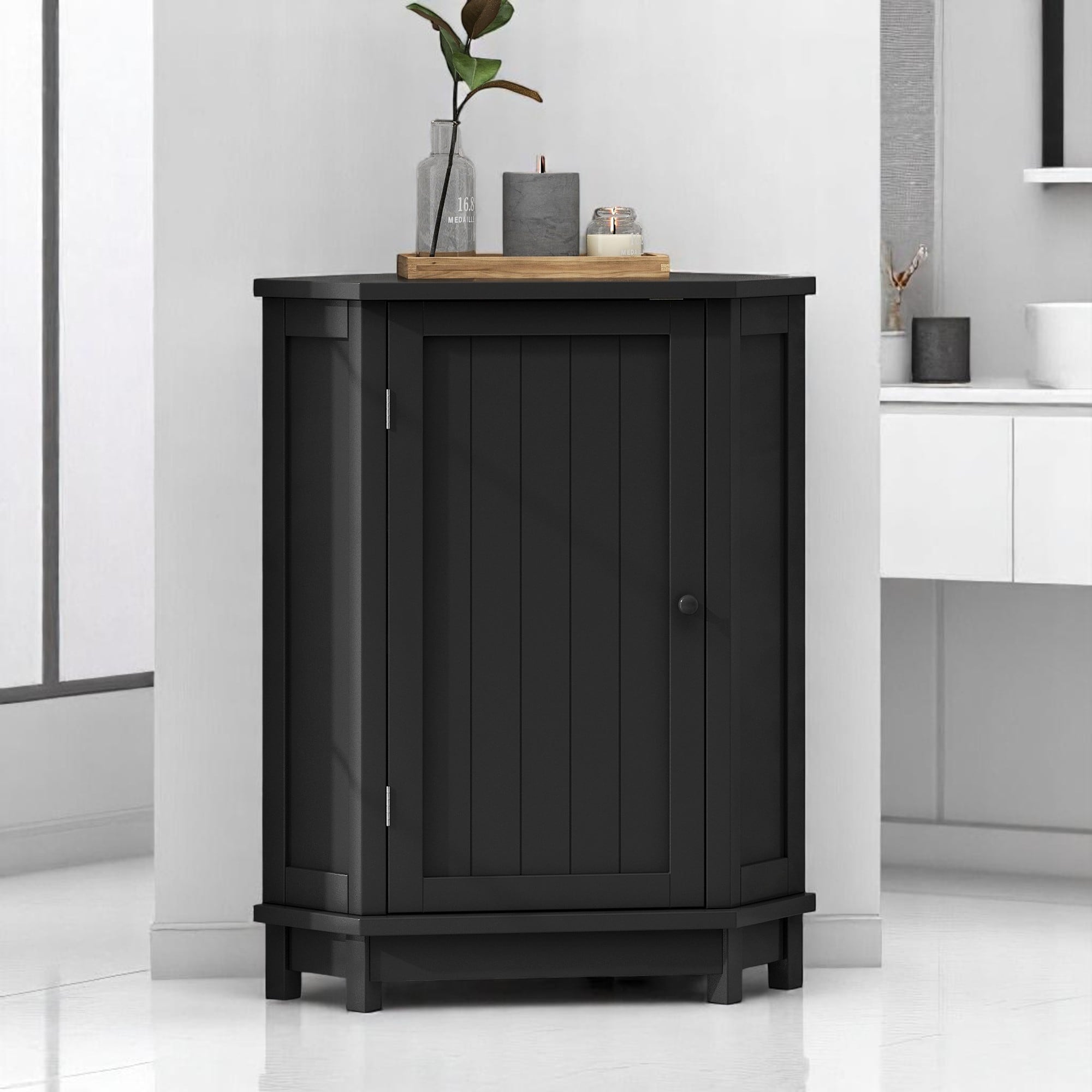 Triangle Corner Bathroom Storage Cabinet with Adjustable Shelves, MDF Space-Saving Organizer with Doors