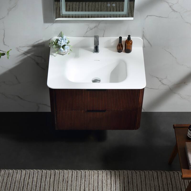 Modland Fluted Floating Vanity with Sink, Plywood Wall Mount Cabinet, Curved Edge, 24/30/36 Inch