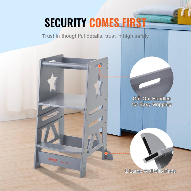 VEVOR Tower Step Stool, 3-Level Height Adjustable Toddler Step Stools for Kids, Stool with Safety Rail