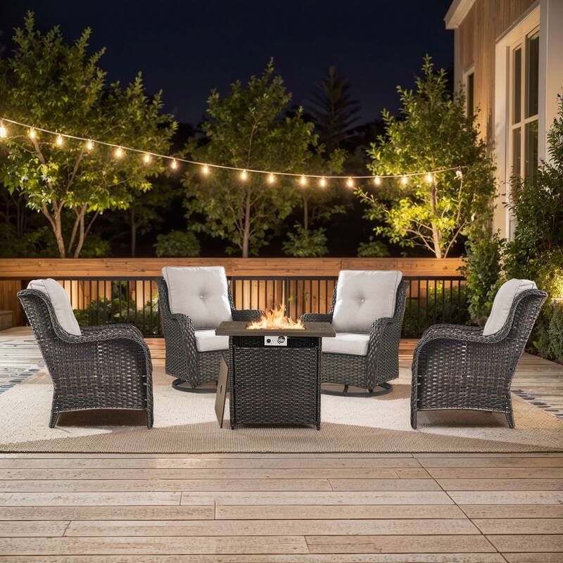 Pocassy 5 Pieces Outdoor Patio Chairs with Fire Pit Table - Brown Wicker Beige Cushion - 7 Pieces Chairs with Fire Table