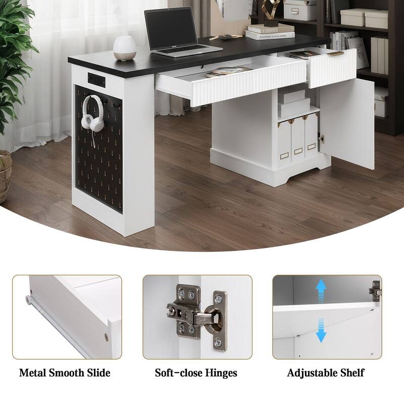 55" Modern Office Desk with Storage, Power Outlet, Pegboard & Keyboard Tray