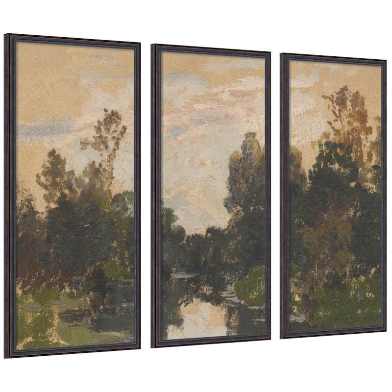 Kate and Laurel Landscape by the River Barycz Adolf Dressier 3 Piece Framed Wall Art Print Set by Nostalgia Prints