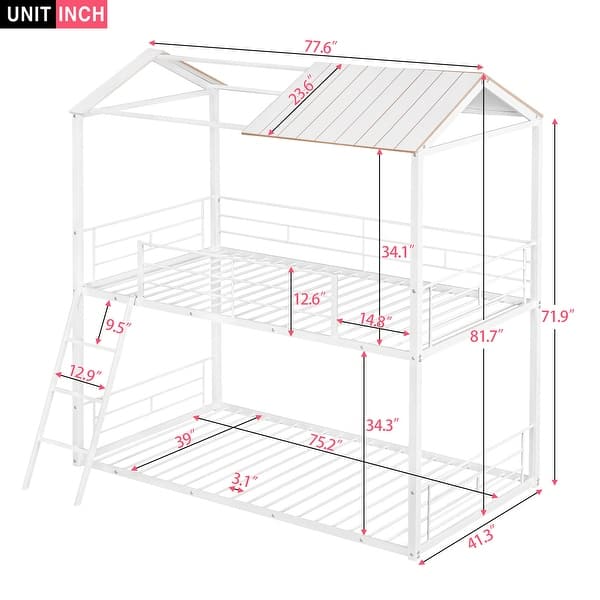 dimension image slide 0 of 2, Twin over Twin Metal Bunk Bed with Half Roof, Guardrail, and Ladder, Premium Steel Slats Support, Ideal Kids' Furniture