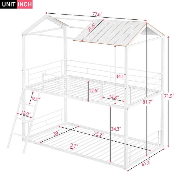 Twin over Twin Metal Bunk Bed with Half Roof, Guardrail, and Ladder