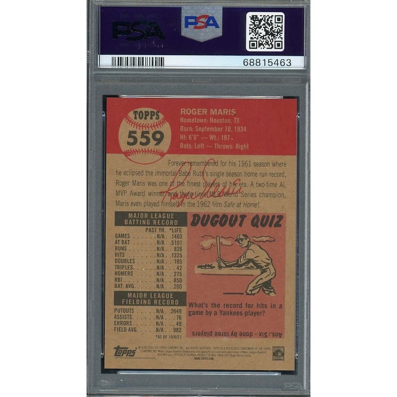 Roger Maris 2022 Topps Living Baseball Card #559 Graded PSA 10 - 8'6" x 11'6"